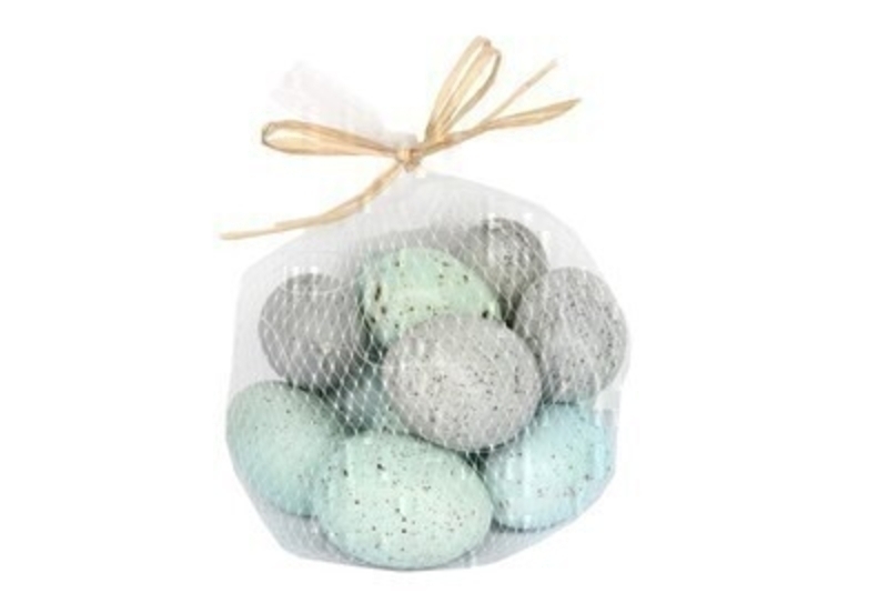 Bag of 12 Easter Egg decorations in speckled blue green and stone colours made by the designer Gisela Graham who designs unique Easter decorations.  Each egg size 6cm x 5cm x 5cm.